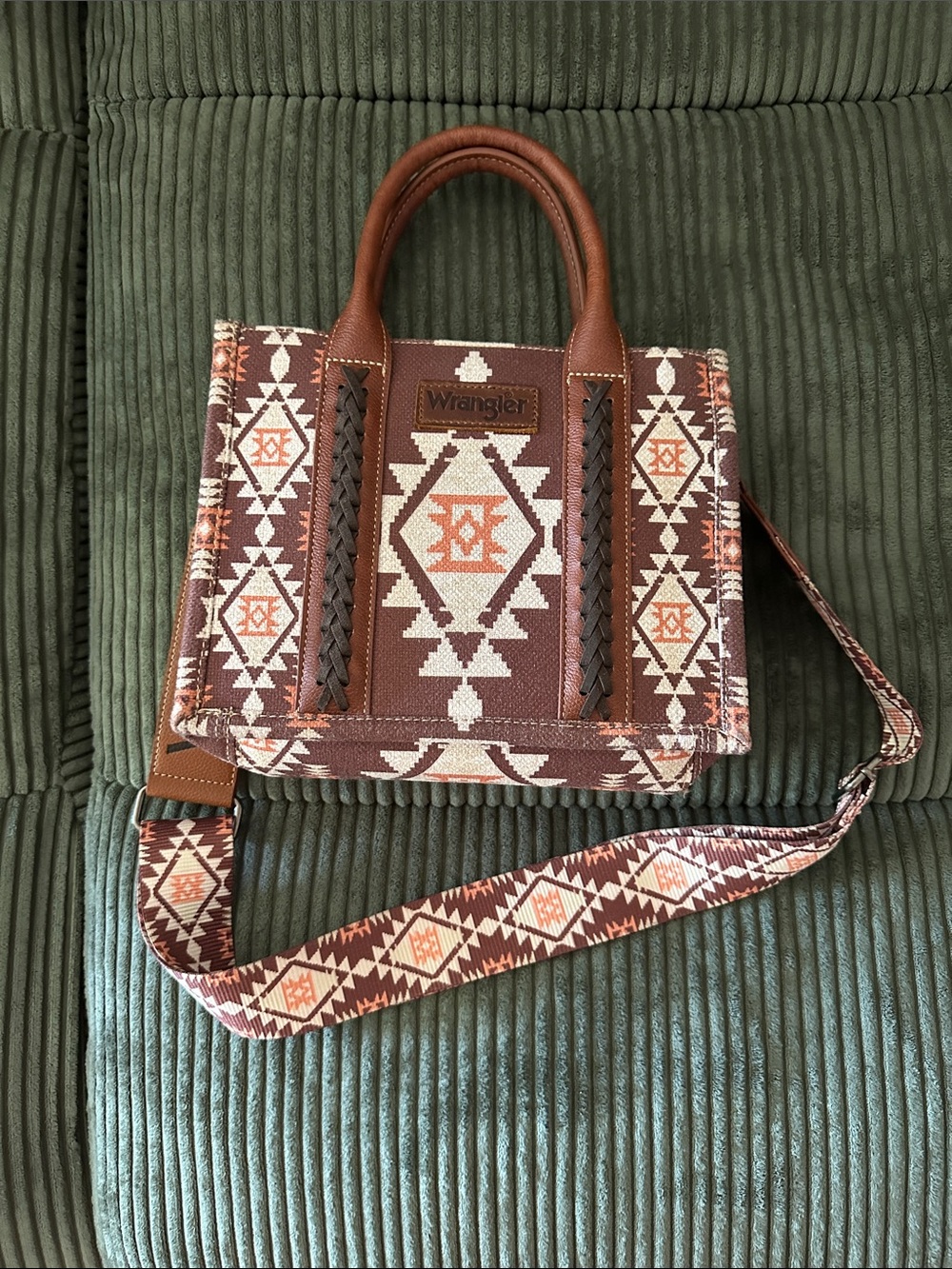 Wrangler Brown Cream Crossbody with Aztec Pattern and Orange Accents